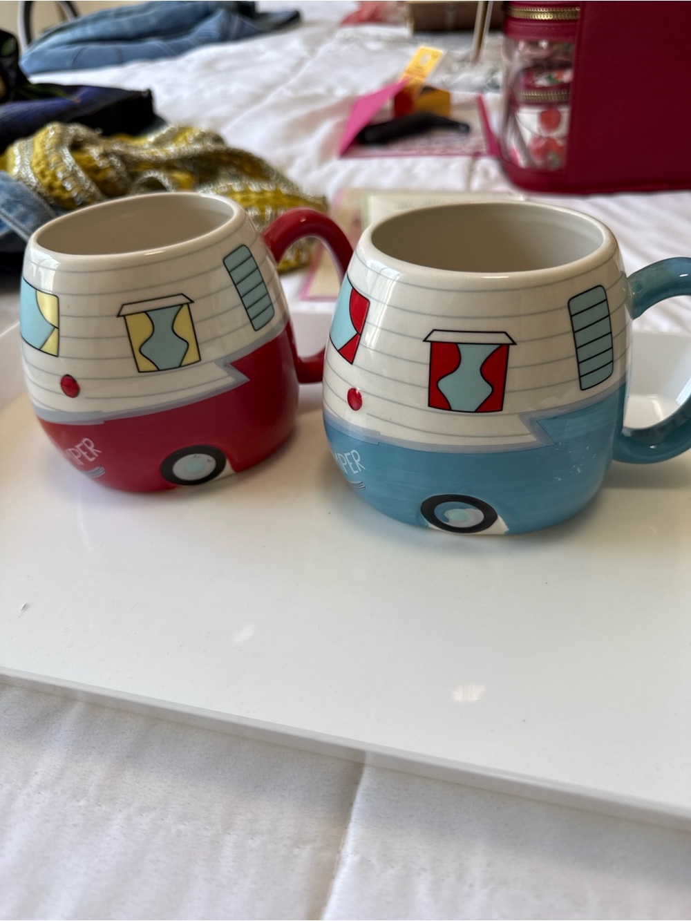 Happy Camper Ceramic Camper Mugs - bundle of 2 Blue & Red brass pro shops